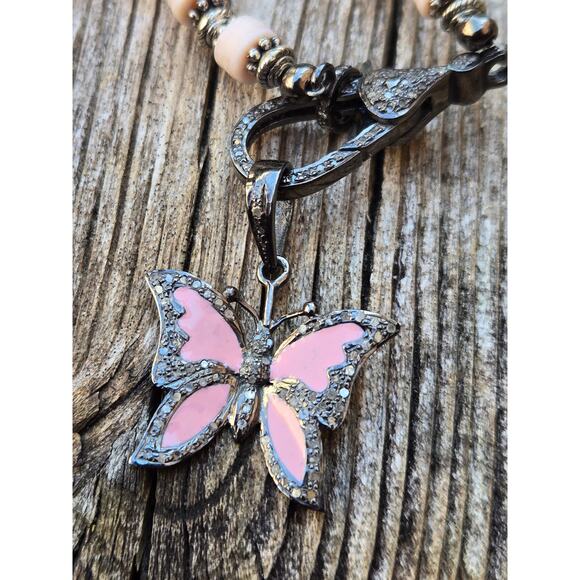 Pink Puka Shell Pave Diamond Sterling Silver Enamel Butterfly Pendant Necklace - Picture 6 of 9